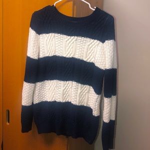 Navy & White Cable Knit Striped Sweater